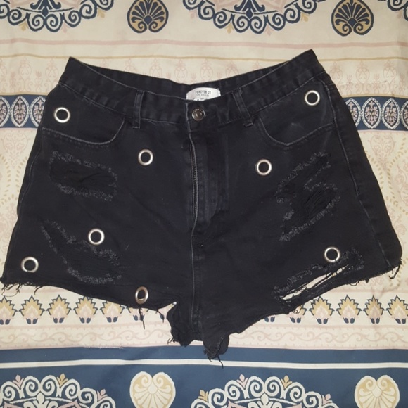 Forever 21 Pants - Black Distressed/Ripped High-waisted Jean Shorts